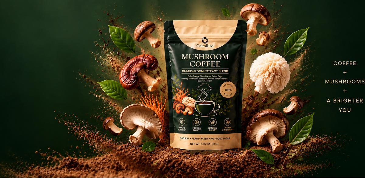 A stand-up pouch labeled Mushroom Coffee stands upright on a dark green background, surrounded by scattered coffee beans, sliced mushrooms, green leaves, and brown powder. The package is dark green and tan with printed coffee cup and mushroom graphics.